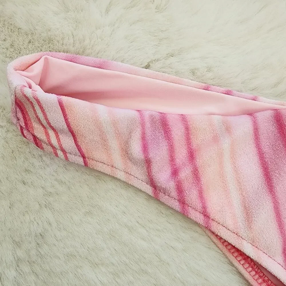 Frankie’s Bikinis Katarina Pink Solar Stripe Velvet High Leg Bikini Bottoms L